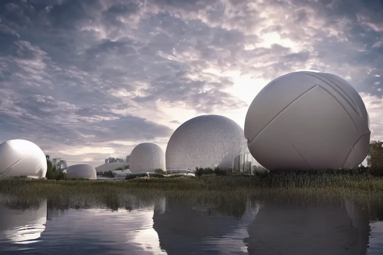 Image similar to many white round spherical buildings are combined to form a building, it depends on each other to form a modern science fiction building ， by pierre bernard, on the calm lake, people's perspective, future, interior wood, marble, award winning, highly detailed 4 k art, dusk, unreal engine highly rendered, global illumination, radial light, internal environment