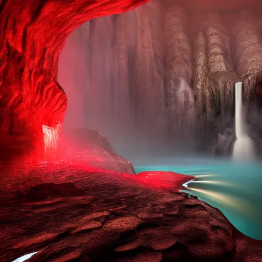 Image similar to landscape of a large waterfall flowing into an infinity pool in hell. intricate artwork. halo. octane render, cinematic, hyper realism, octane render, 8k, bokeh, demonic, dark, devil, demons, mist, red illuminating fog, rocks, red and black colour scheme.