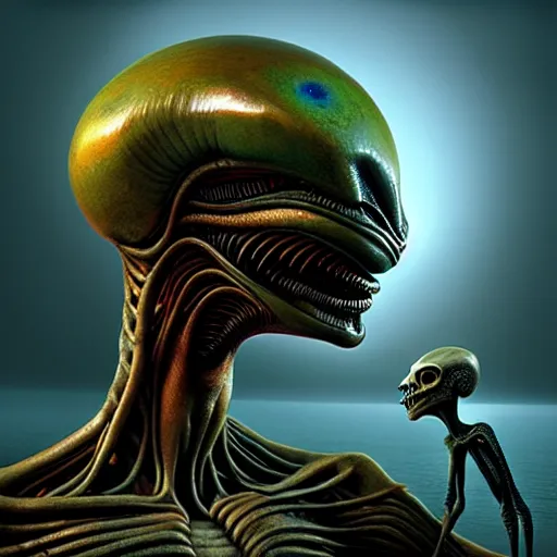 Image similar to alien man with alien woman, full body portraiture, painted by beksinski, 4 k, intricate details, unreal engine, dynamic lighting