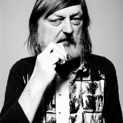 Image similar to punk robert wyatt flipping off the camera