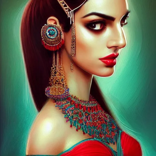 Prompt: Beautiful portrait of a Persian Princess who is an architect, beautiful princess, face painting, architecture, persian style architecture, beautiful body, attractive, babe, dramatic lighting, intricate, wild, highly detailed, digital painting, artstation, concept art, smooth, sharp focus, illustration, black+velvet+red+Turquoise, dark, art by artgerm and greg rutkowski and alphonse mucha, footage from space camera