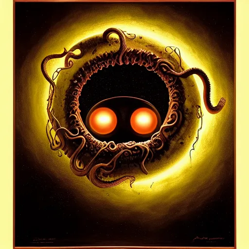 Image similar to a detailed digital art of an alien creature with multiple eyes and tentacles emerges from a glowing orb in the center of a dark, foreign landscape,by Albert Bierstadt, Yohann Schepacz and Laurel Burch,style of grim dark, Kai Fine Art, chiaroscuro, dark academia, copper patina,detailed, ornate, maximalist, 8k, cinematic, compositing, post processing, award winning art,artstationHQ,artstationHD