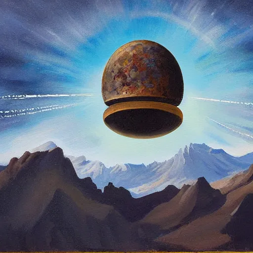 Image similar to HR Geiger painting alien mothership flying over the top of the Rocky Mountains