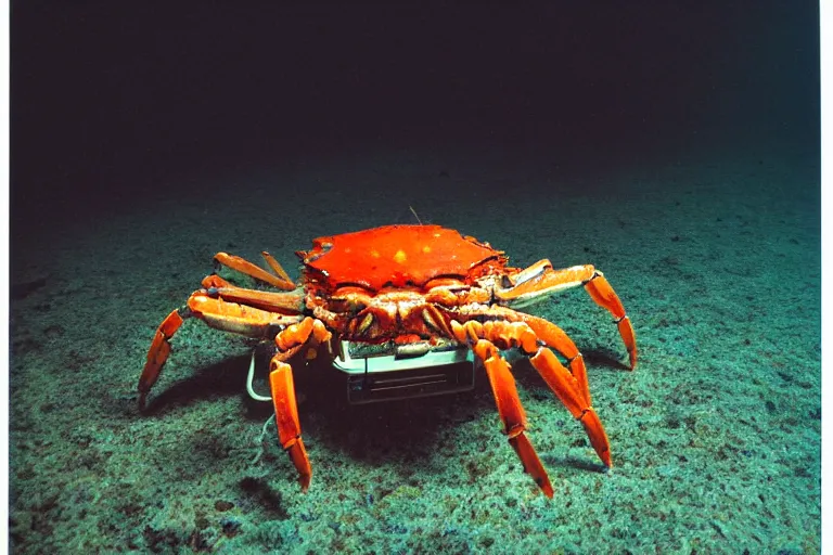 Image similar to robot crab underwater, in 2 0 1 2, bathed in the the glow of a crt television, royalcore, low - light photograph, photography by tyler mitchell