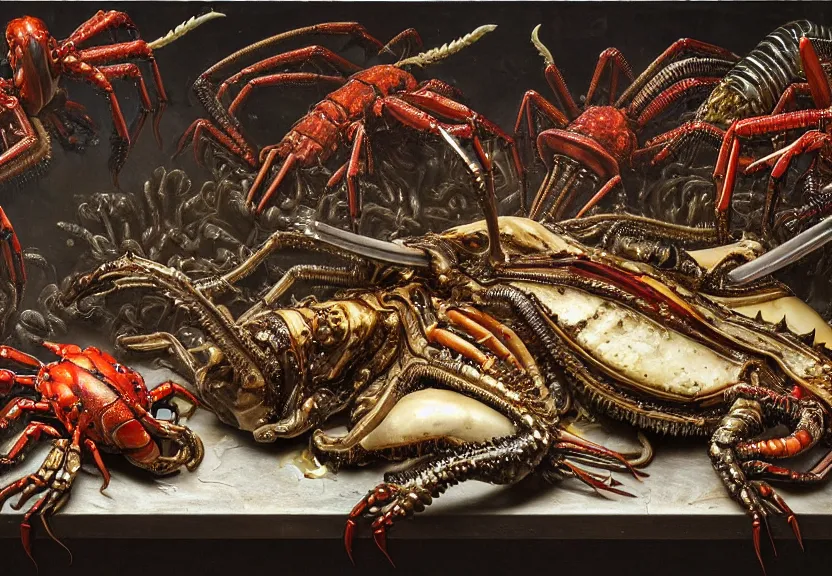 Prompt: repetition. an opulent banquet of food on a table made of slime, covered with colorful horned crabs and horned lobsters and iridescent scarabs. slime is dripping. giger ’ s xenomorph. the thing. reclaimed lumber, detailed and intricate environment, hyperrealism, food photography, rembrandt