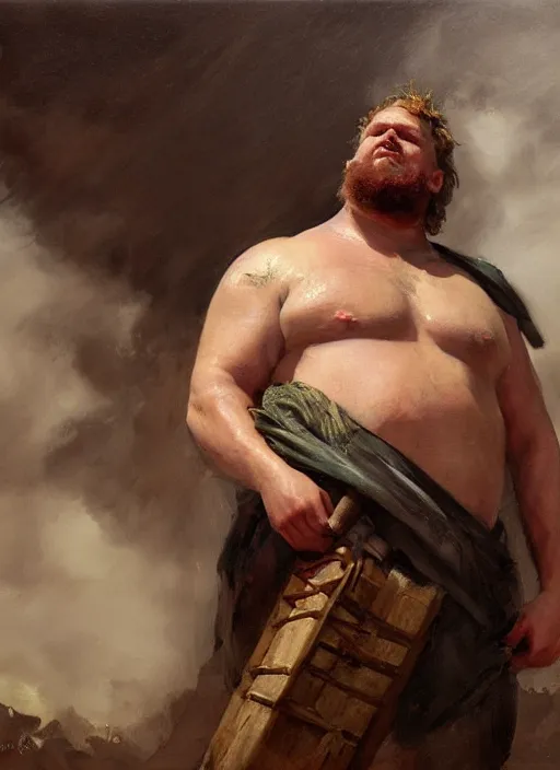 Prompt: beautiful oil painting portrait of hefty ethan van sciver as an ancient roman god holding up a steaming pie with one arm, art by anders zorn, wonderful masterpiece by greg rutkowski, expressive brush strokes, beautiful cinematic light, american romanticism by greg manchess, jessica rossier