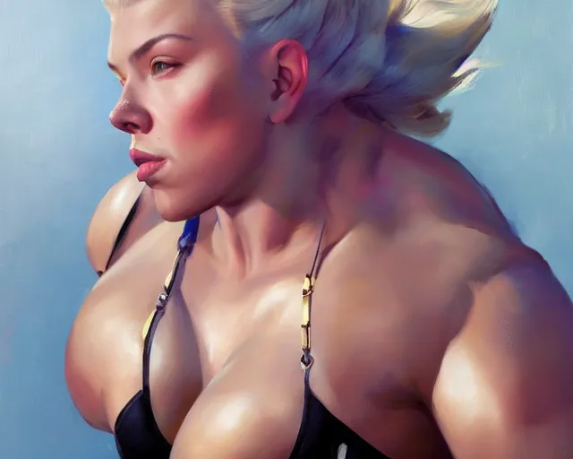 Image similar to greg manchess portrait painting of smug scarlett johansson as beautiful thick female bodybuilder zarya from overwatch, medium shot, asymmetrical, profile picture, organic painting, sunny day, matte painting, bold shapes, hard edges, street art, trending on artstation, by huang guangjian and gil elvgren and sachin teng