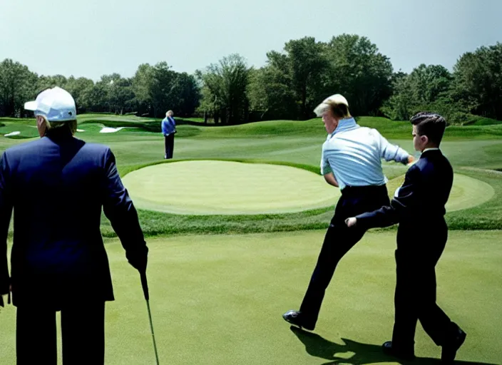 Image similar to Donald Trump with hands behind back taken away by two young FBI agents wearing uniforms at golf course, photo by Alex Webb, photo by James Nachtwey