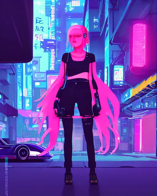 Image similar to digital illustration of cyberpunk pretty girl with pink hair, standing by a blue ford gt in a street at night, under streetlights, by makoto shinkai, ilya kuvshinov, lois van baarle, rossdraws, basquiat