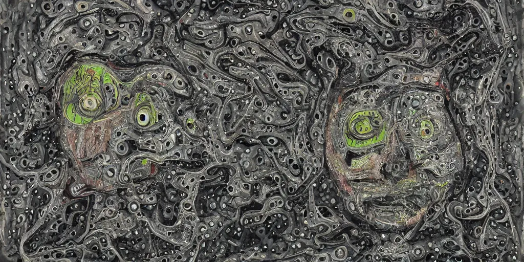 Image similar to camo made of eyes, technical, acrylic, teeth, eerie, tribal, clay, dotting, lines, stipple, points, cybernetic, style of old painting, francis bacon art, swirly eyes, hypnosis, eerie, terror, oil, neon, black and white, splotches, colorful dots, ominous,