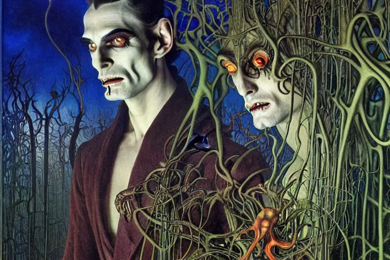 Image similar to realistic extremely detailed portrait painting of an elegantly creepy vampire man dressed as dracula, futuristic sci-fi forest on background by Jean Delville, Amano, Yves Tanguy, Alphonse Mucha, Ernst Haeckel, Edward Robert Hughes, Roger Dean, rich moody colours, blue eyes