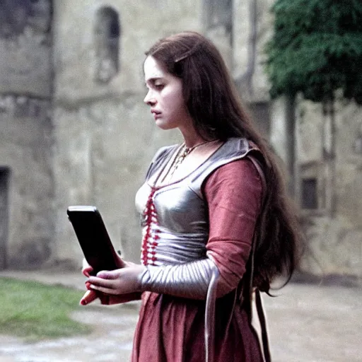 Image similar to scene from a 2 0 1 0 film set in 1 3 0 0 showing a woman using a mobile phone