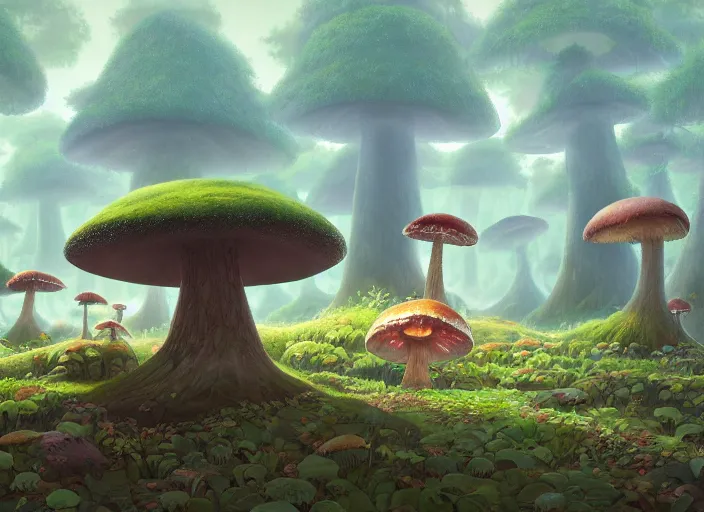 Image similar to an ultra detailed matte landscape of a giant mushroom forest, carmine birds, detailed, cory loftis, james gilleard, tomasz alen kopera, goro fujita, studio ghibli, rim light, exquisite lighting, clear focus, very coherent, plain background, soft painting