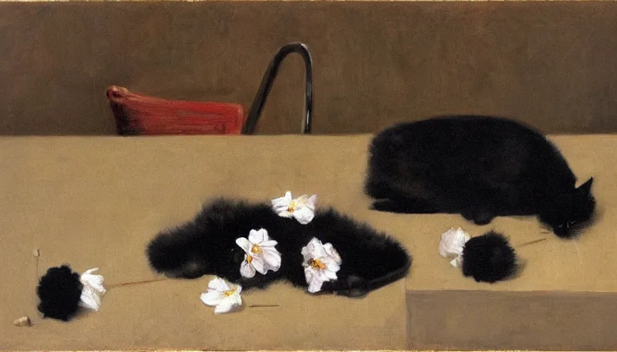 Image similar to painting by borremans, black cat on the table with black flowers, detailed, stunning