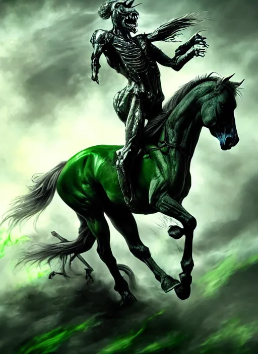 Image similar to the singular horseman of the apocalypse is riding a strong fierce ferocious rabid undead green stallion, horse is up on its hind legs, the strong male rider is death with a scithe, beautiful artwork by artgerm and rutkowski, breathtaking, dramatic