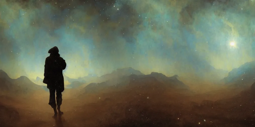 Image similar to a masterpiece painting of a silhouette of a lone hitchhiker wandering through a desert made of cosmic nebulas, by Tom Bagshaw and Alphonse Mucha and James Jean and John Williams Waterhouse, 8k, volumetric lighting, French nouveau, extremely moody lighting, cinematic, atmospheric, sharp focus, depth of field, intricate, elegant, highly detailed, digital painting, very coherent artwork