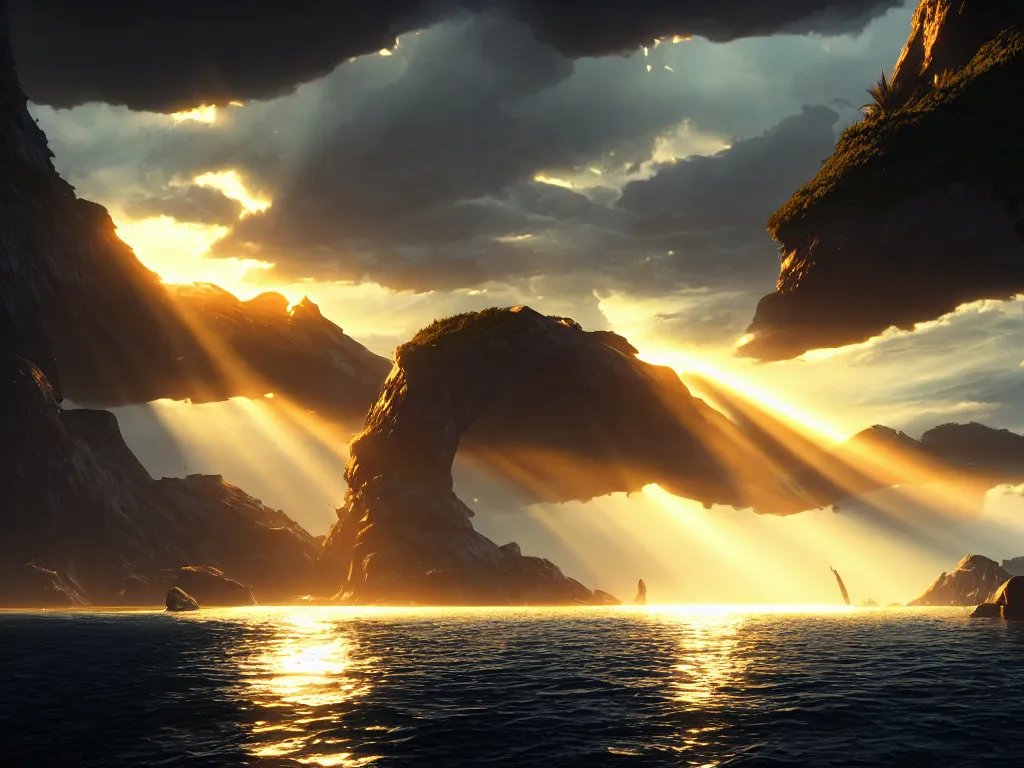 Prompt: god rays reflecting in the sea, dramatic lighting, cinematic, establishing shot, high detail, cinematic lighting, post processed, 8k, concept art, artstation, matte painting, in the style of eddie mendoza, raphael lacoste, alex ross