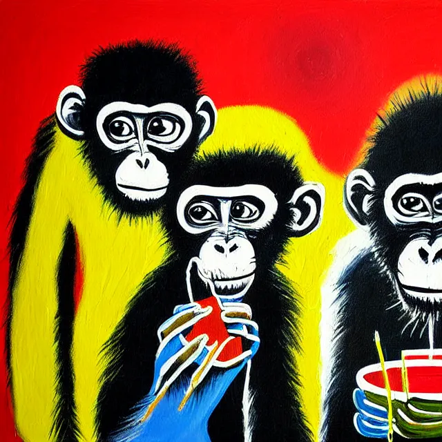 Image similar to a beautiful painting monkeys eat bananas in the tree, by jean michel basquiat realistic oil painting
