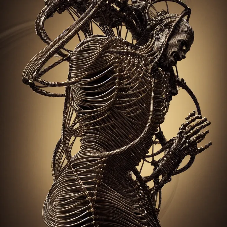 Prompt: biomechanical religious sculpture statue of jesus on cross made of wires cables tubes, cyberpunk, baroque painting, beautiful detailed intricate insanely detailed octane render, 8K artistic photography, photorealistic, chiaroscuro, Raphael, Caravaggio, Giger, Beksinski