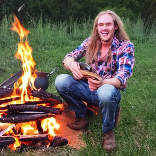 Image similar to photo of hillbilly with long blonde hair and his australian shepherd around a bonfire, symmetric face