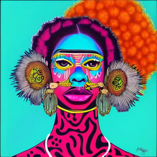 Prompt: Art in the style of Harumi Hironaka, Georgia Anne Muldrow, VWETO II, album art, 1970s, turquoise, side portrait, tribal mask inside mask, animalia, afro-psychedelia, afrocentric mysticism