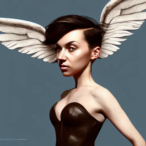 Image similar to 3 / 4 view of a portrait of a cute woman with wings with wings, confident pose, digital art,, concept art, smooth, sharp focus, illustration, trending on artstation, highly detailed, concept art, trevor carlton, mickey demeo, trending on artstation, imax 7 0 mm, h 6 4 0