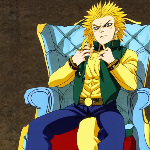 Image similar to dio from jojo's bizarre adventure sitting on a throne, stardust crusaders anime still