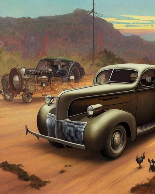 Image similar to medium shot portrait of a prohibition era moonshine runner with detailed features leaning against a 1940 ford coupe, dutch camera view, dirt, Appalachian mountains, sharp focus, illustration, highly detailed, oil painting, matte, art by Greg Rutkowski and Alphonse Mucha, masterpiece