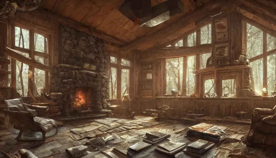 Image similar to A highly detailed matte painting of interior of old cabin, in snowy forest, fireplace, bookshelves, old couch, by Studio Ghibli, Makoto Shinkai, by Artgerm, by WLOP, by Greg Rutkowski, volumetric lighting, octane render, 4K resolution, trending on artstation, masterpiece