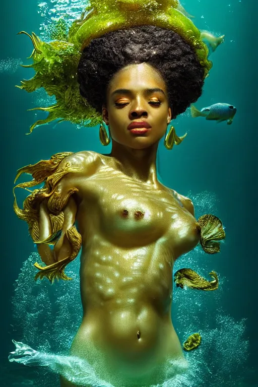 Image similar to hyperrealistic neo - rococo cinematic half underwater scene with fish and algae, very expressive! translucent elegant african goddess getting out of water, gold jewerly, highly detailed face, digital art masterpiece, aykut aydogdu zener, dramatic volumetric light, long shot, low angle uhd 8 k, sharp focus