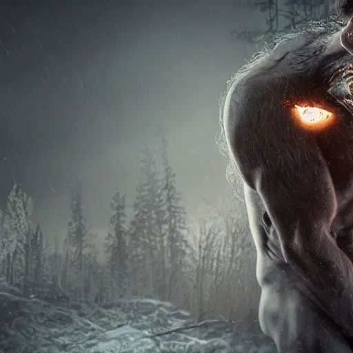 Image similar to man ripping off his skin turning into a werewolf, forest scenery, full moon, illuminated lighting, highly detailed, 4 k