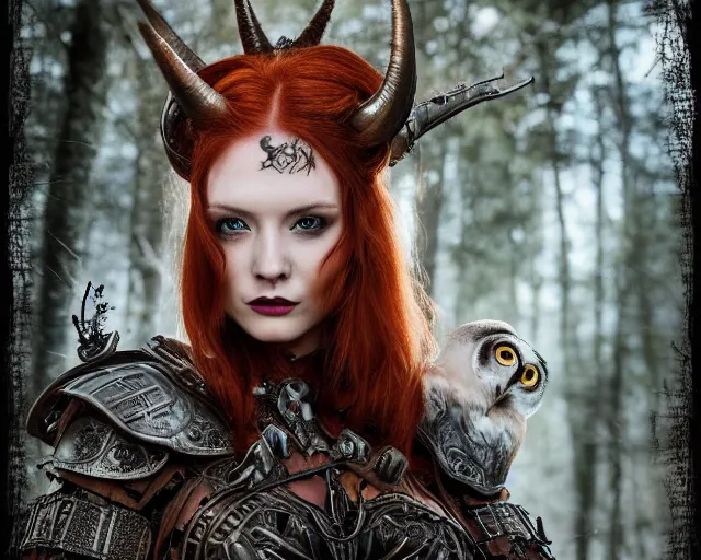 Image similar to 5 5 mm portrait photo of an armored gorgeous anesthetic redhead woman warrior with a face tattoo and horns growing from her head, and owl sitting on her shoulder in a magical forest in the style of stefan kostic, art by luis royo. highly detailed 8 k. intricate. lifelike. soft light. nikon d 8 5 0. cinematic post - processing