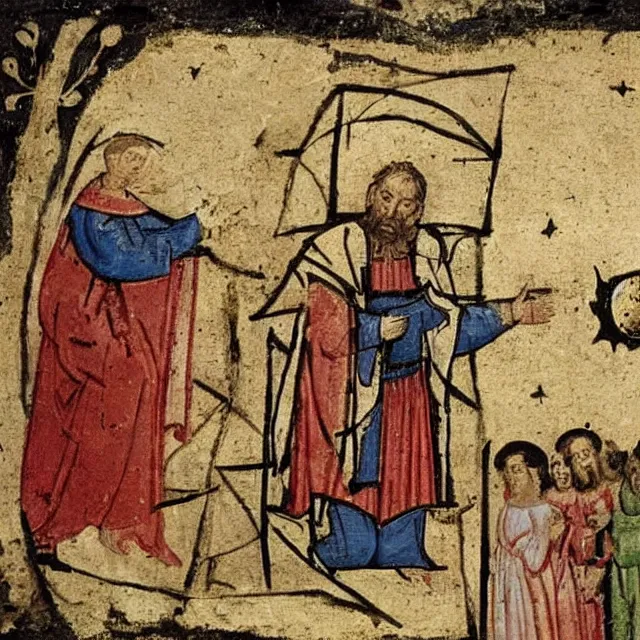 Prompt: a medieval painting of a priest seeing a ufo alien spaceship in the sky outside