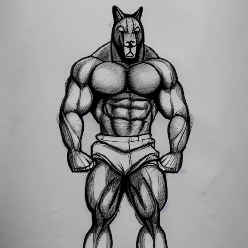 Prompt: master furry artist pen napkin sketch full body portrait character study of the anthro male anthropomorphic wolf fursona animal person wearing gym shorts bodybuilder at gym