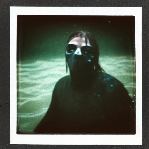 Image similar to slipknot, dark, murky water, underwater, old polaroid, expired film,