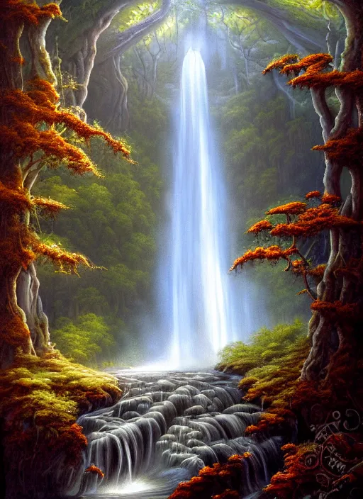 Image similar to a painting of a waterfall in a forest, a detailed matte painting by todd lockwood, deviantart, fantasy art, matte painting, matte drawing, airbrush art