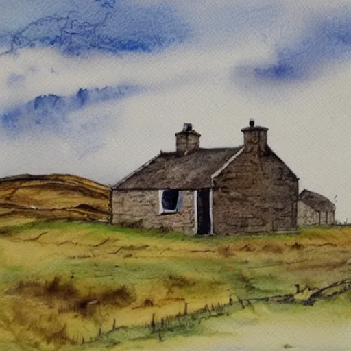 Prompt: A farmhouse on a windswept moor in Yorkshire, watercolour, beautiful