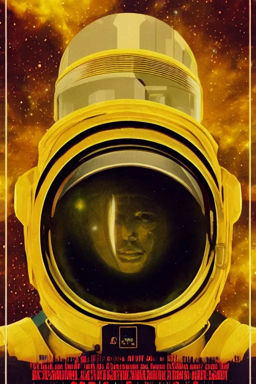 Image similar to poster art, movie poster, retrofuturism, sci - fi, textured, paper texture, 2 0 0 1 : a space odyssey by edward valigursky, yellow space suit, space station