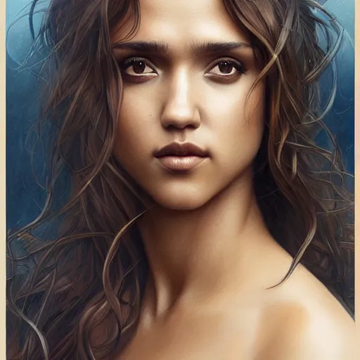 Image similar to beautiful striking Pre-Raphaelite Jessica Alba by Artgerm and Greg Rutkowski, flowing hair, intricate, elegant, highly detailed, digital painting