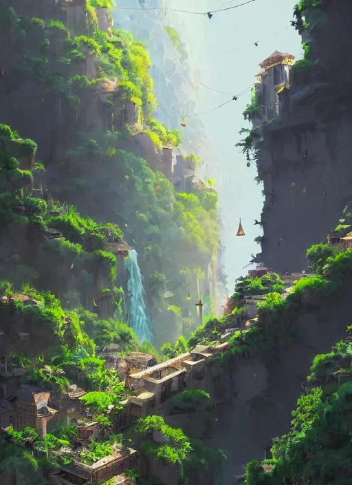 Prompt: medieval city built on terraces in a gigantic canyon, lots of buildings connected by hanging bridges, waterfalls, glow coming from amber veins in the ground, lush vegetation, pitchblack sky, extremly detailed digital painting, in the style makoto shinkai and atey ghailan, rim light, beautiful lighting, 8 k, stunning scene, raytracing, octane, trending on artstation