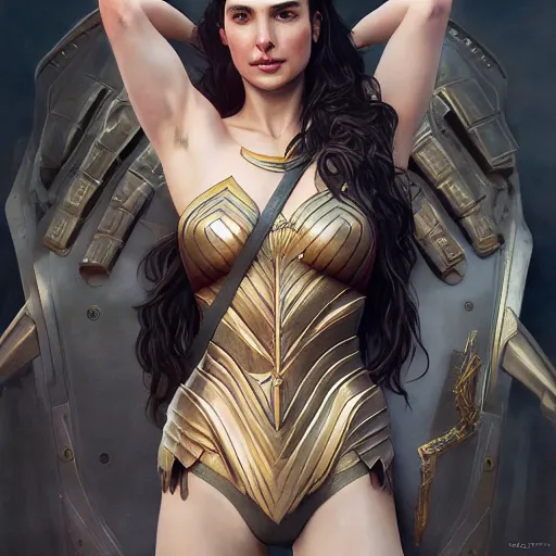 Prompt: painting of gal gadot, bikini armor, ultra realistic, concept art, intricate details, eerie, highly detailed, photorealistic, octane render, 8 k, unreal engine, art by artgerm and greg rutkowski and alphonse mucha
