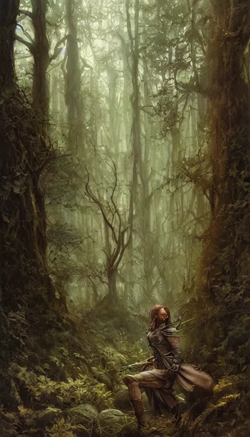 Image similar to Realistic painting of a high fantasy wood elf wizard in a magical forest clearing by John Howe, Greg Rutkowski, Frank Frazetta, Artgerm, Donato Giancola, Christophe Vacher, dramatic lighting