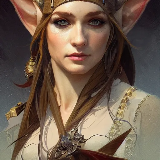 Prompt: a stunningly detailed portrait of a female elf as a pirate captain, intricate, elegant, highly detailed, digital painting, artstation, concept art, sharp focus, illustration, art by greg rutkowski and alphonse mucha