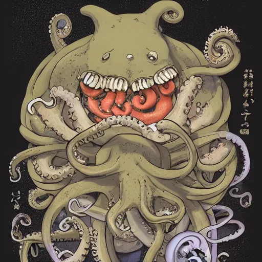 Image similar to an octopus have heated debate with a tuna, anthropomorphics, by Studio ghibli, Kentaro Miura, Hiromu Arakawa, Koyoharu Gotouge, Takeshi obata, concept art, golden ratio