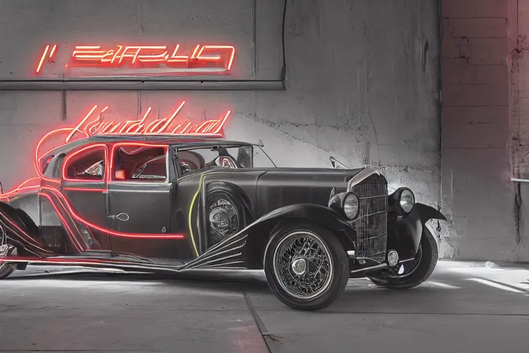 Prompt: cyberpunk version of a 1 9 3 0 cadillac v 1 6, neon