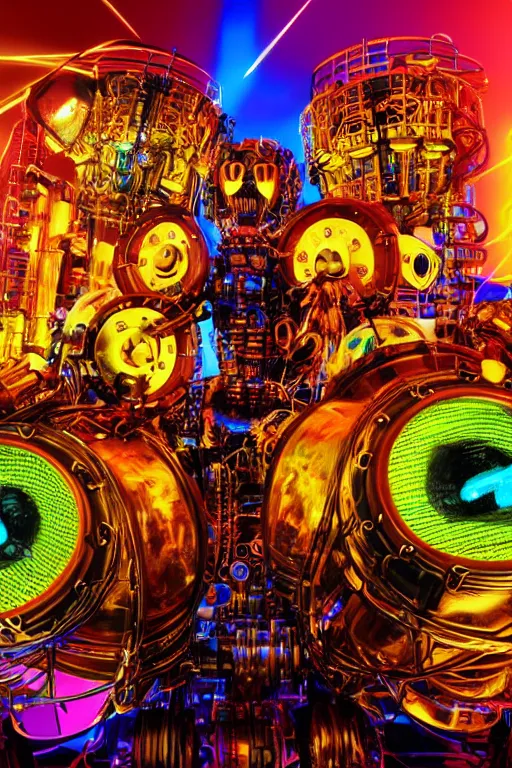Image similar to portrait photo of a giant huge golden and blue metal humanoid steampunk robot drummer covered with multicolored big gears and tubes, a huge red drumset, eyes are glowing red lightbulbs, shiny crisp finish, 3 d render, 8 k, insaneley detailed, fluorescent colors, background is multicolored lasershow
