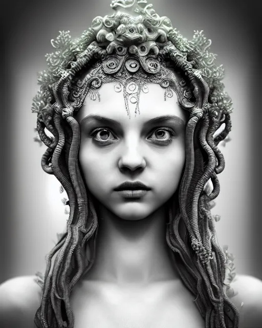 Image similar to mythical dreamy underwater artistic black and white 3 d render of a translucent beautiful young female angelic - medusa - vegetal - doll, highly detailed, intricate crystal ivy jelly ornate, poetic, translucent algae ornate, digital art, octane render, 8 k artistic photography, photo - realistic, hg giger flora borsi