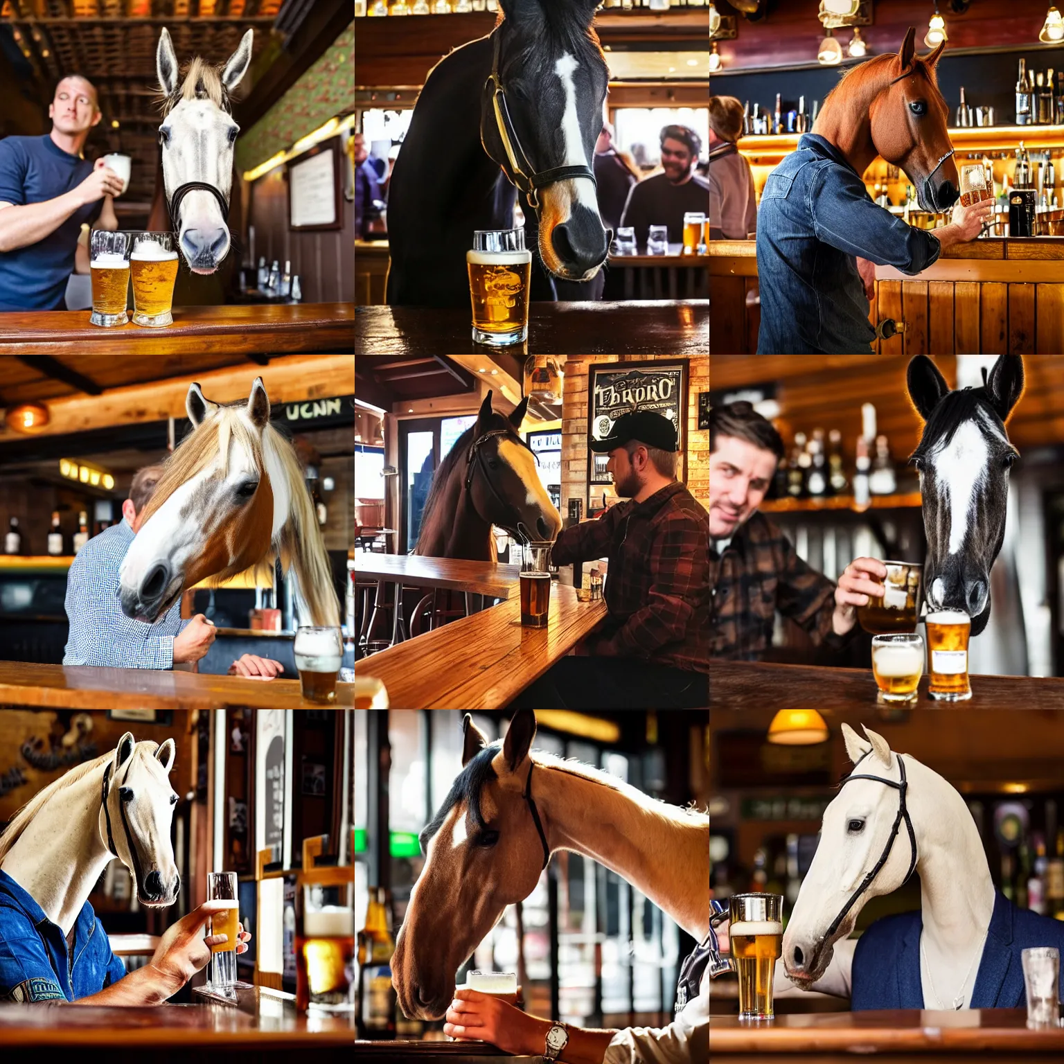 Prompt: a long faced horse sitting in a bar drinking a pint with a barman