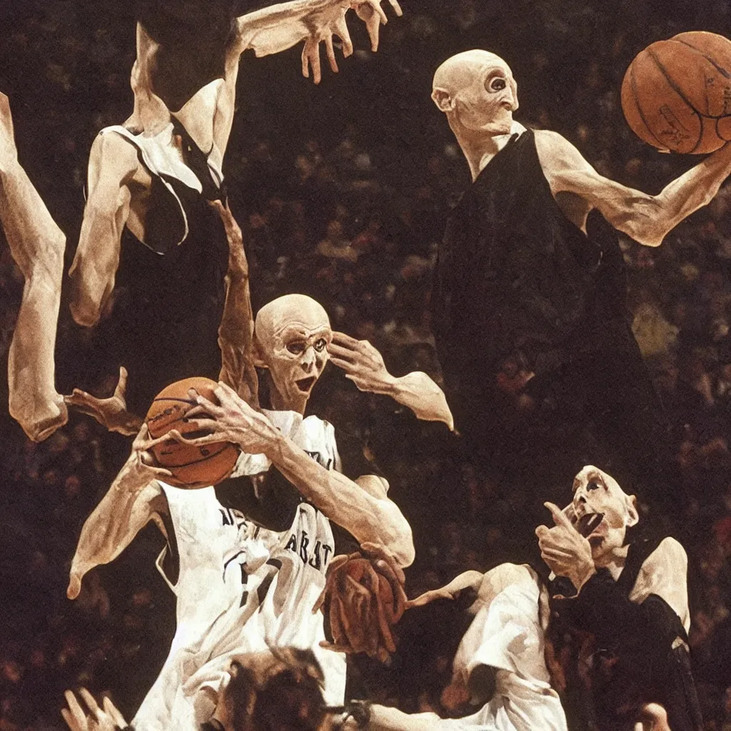 Image similar to nosferatu is playing basketball at the nba