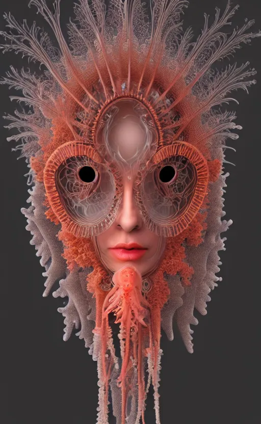 Prompt: intricate gothic girl mask, eagle coral, jelly fish, feathers, mandelbulb 3 d, fractal flame, octane render, cyborg, biomechanical, futuristic, by ernst haeckel